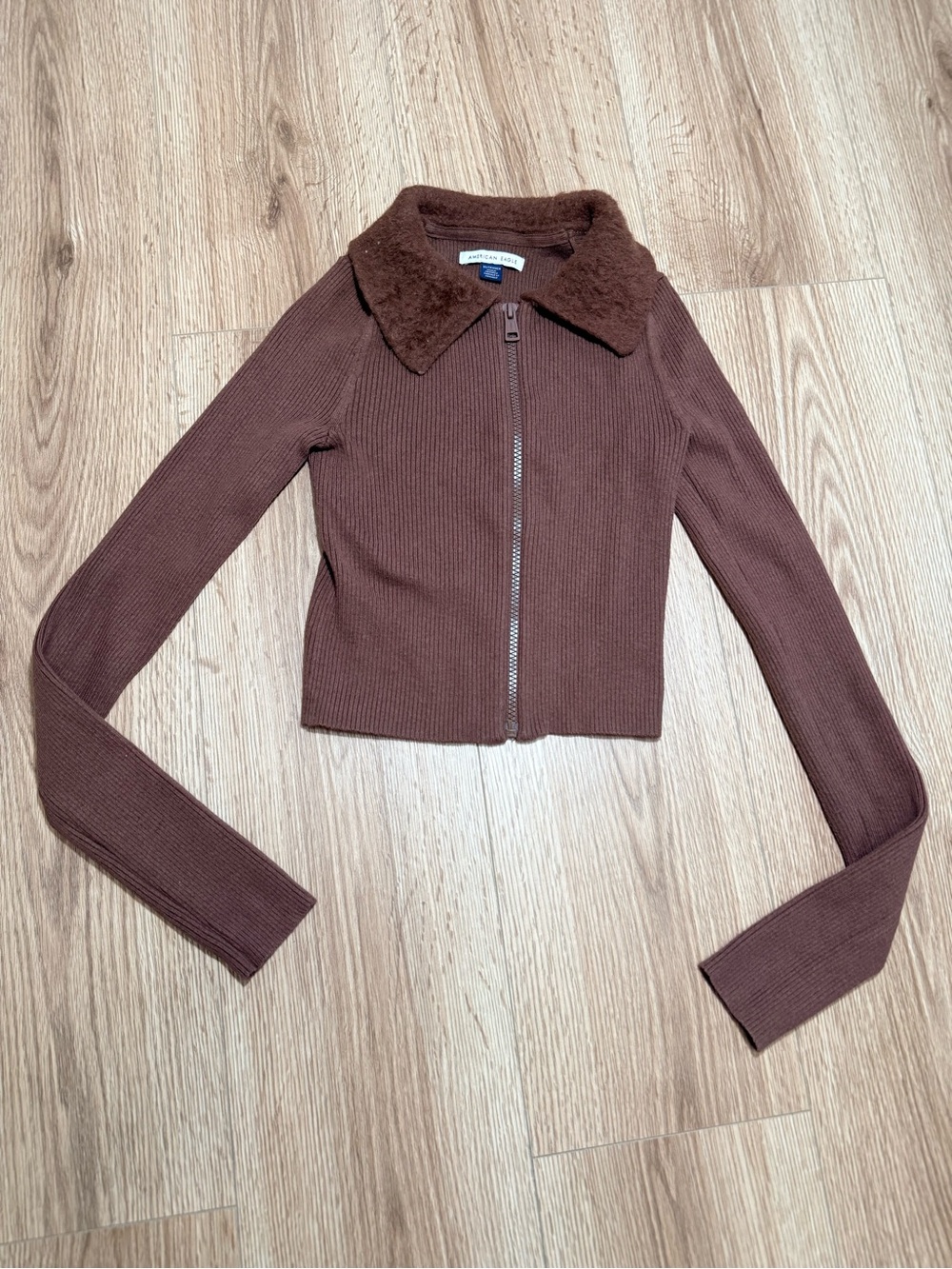 American Eagle Womens Brown Ribbed Zip Up Sweater Fuzzy Collar Cardigan XS